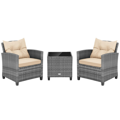 3 Piece Outdoor Wicker Conversation Set, Tempered Glass Tabletop, Beige