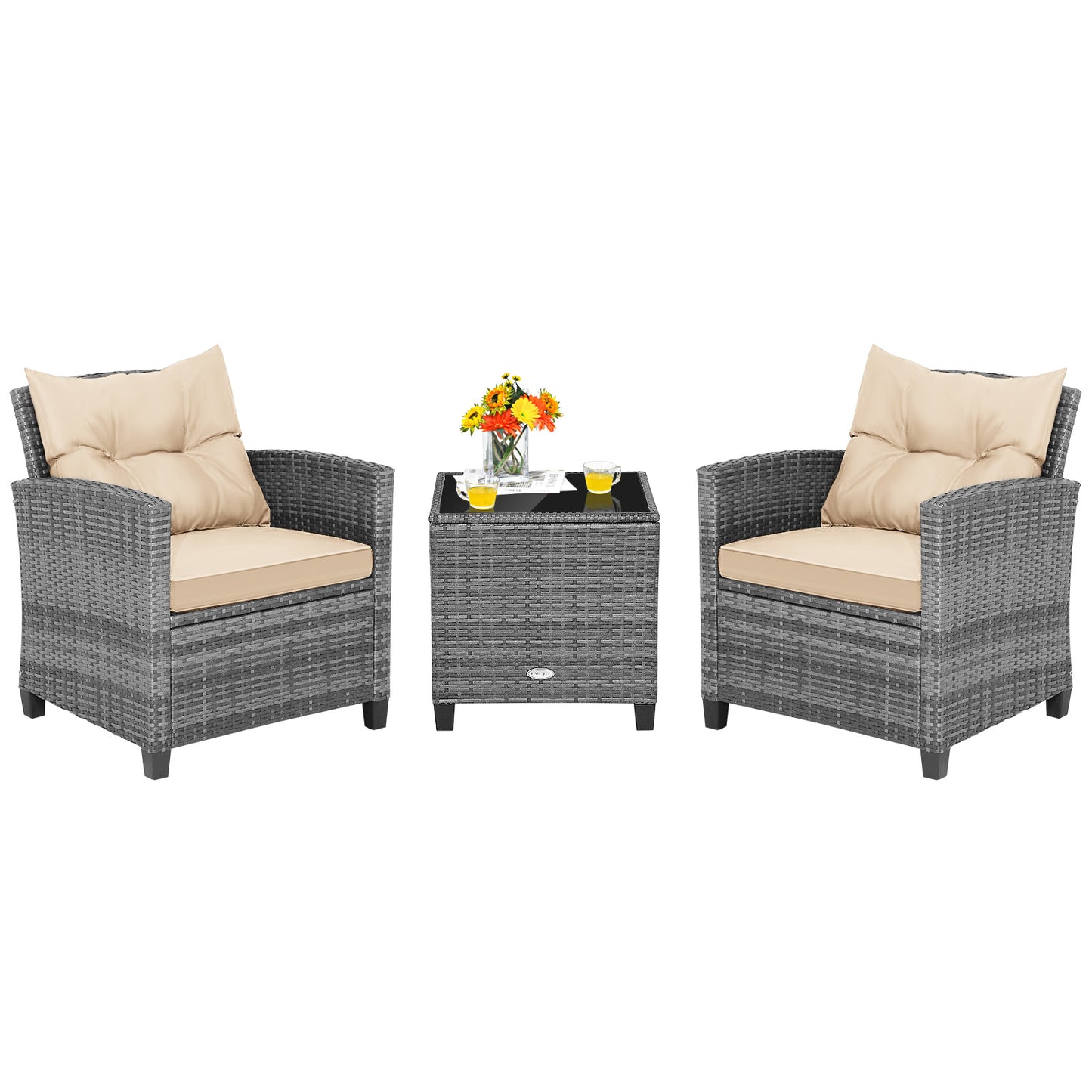 3 Piece Outdoor Wicker Conversation Set, Tempered Glass Tabletop, Beige Patio Conversation Sets at Gallery Canada