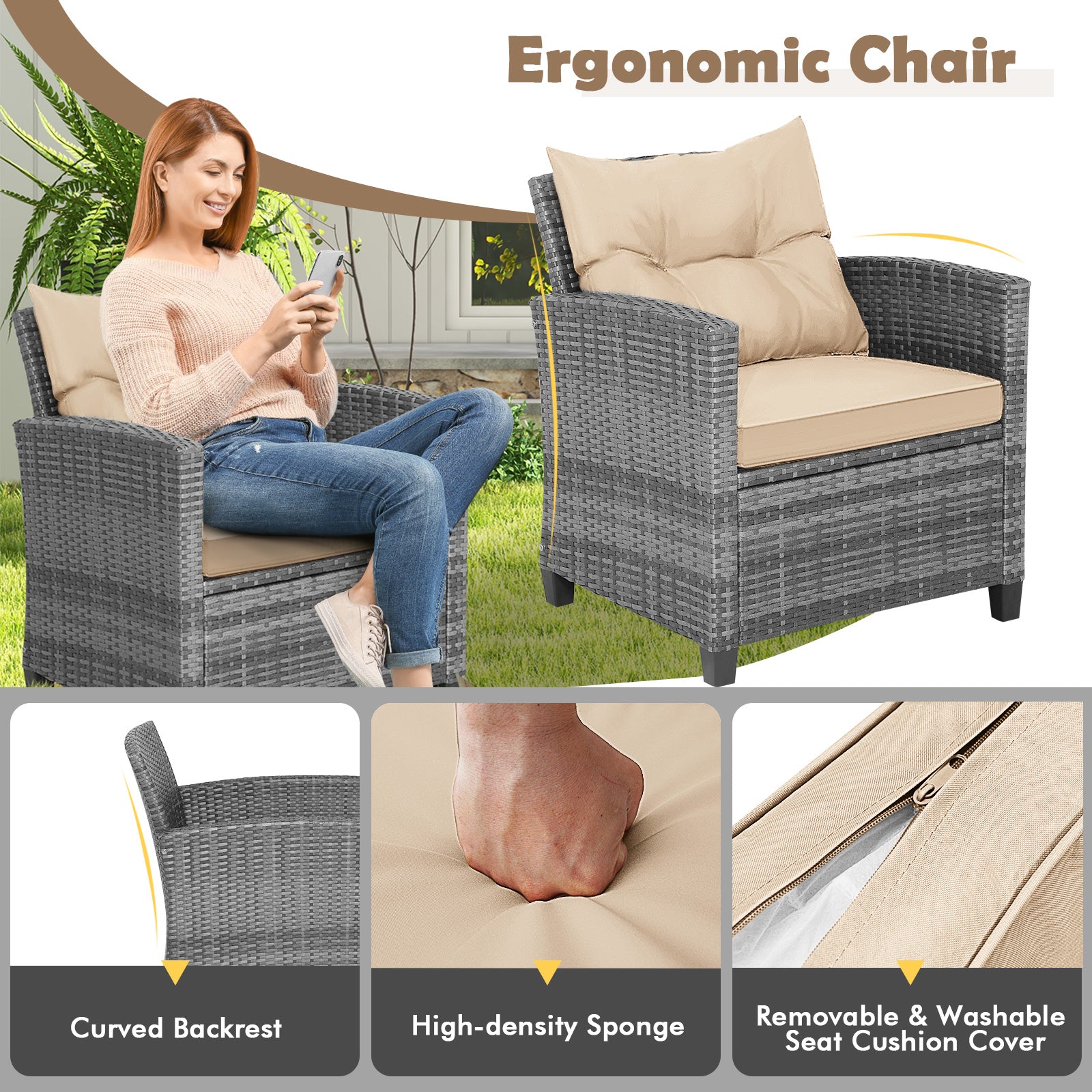 3 Piece Outdoor Wicker Conversation Set, Tempered Glass Tabletop, Beige Patio Conversation Sets at Gallery Canada