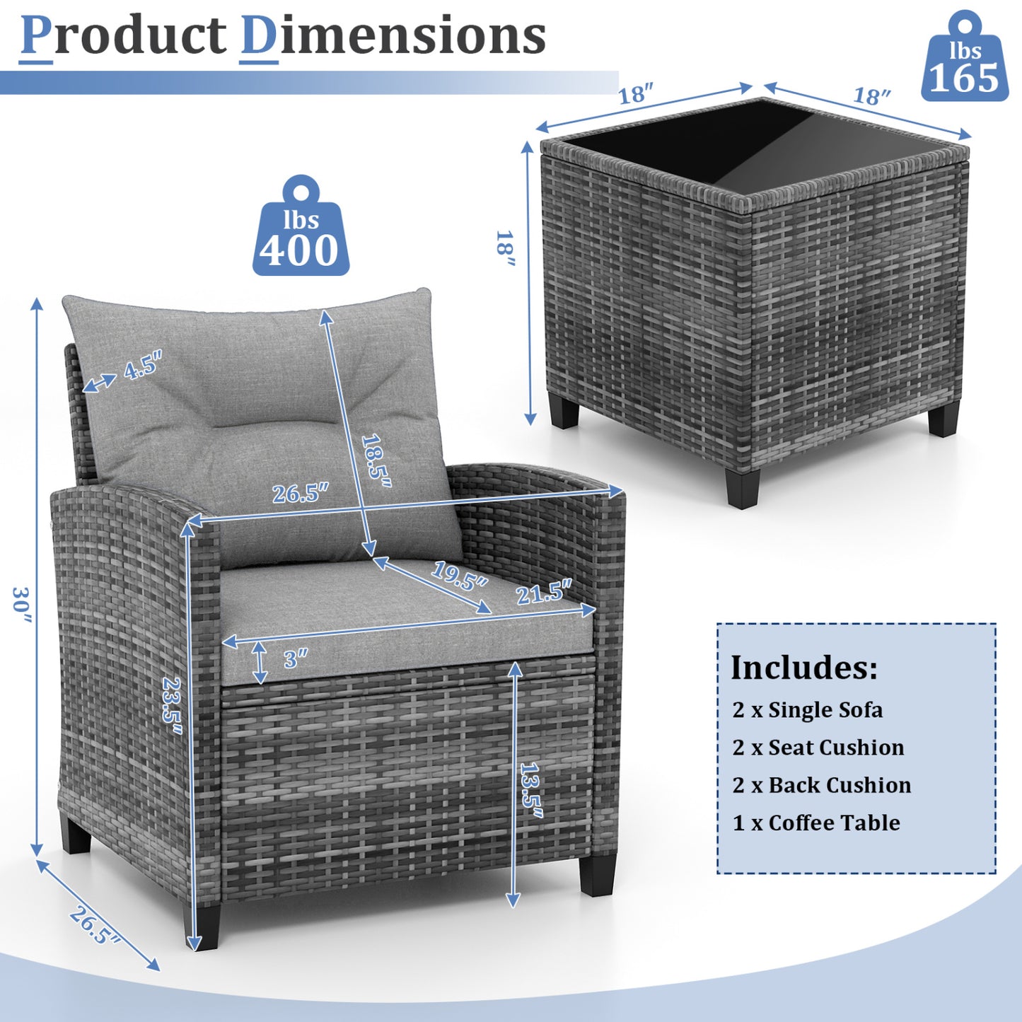3-Piece Outdoor Wicker Conversation Set, Tempered Glass Tabletop, Gray Patio Conversation Sets at Gallery Canada