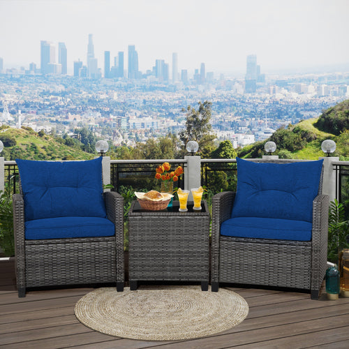 Outdoor Wicker Conversation Set, 3 Pieces, Tempered Glass Tabletop, Navy