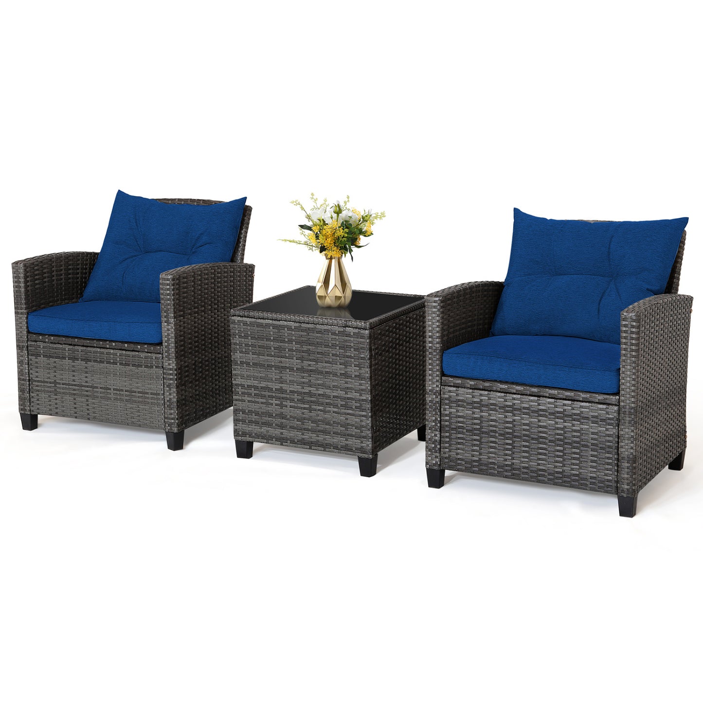 Outdoor Wicker Conversation Set, 3 Pieces, Tempered Glass Tabletop, Navy Patio Conversation Sets at Gallery Canada