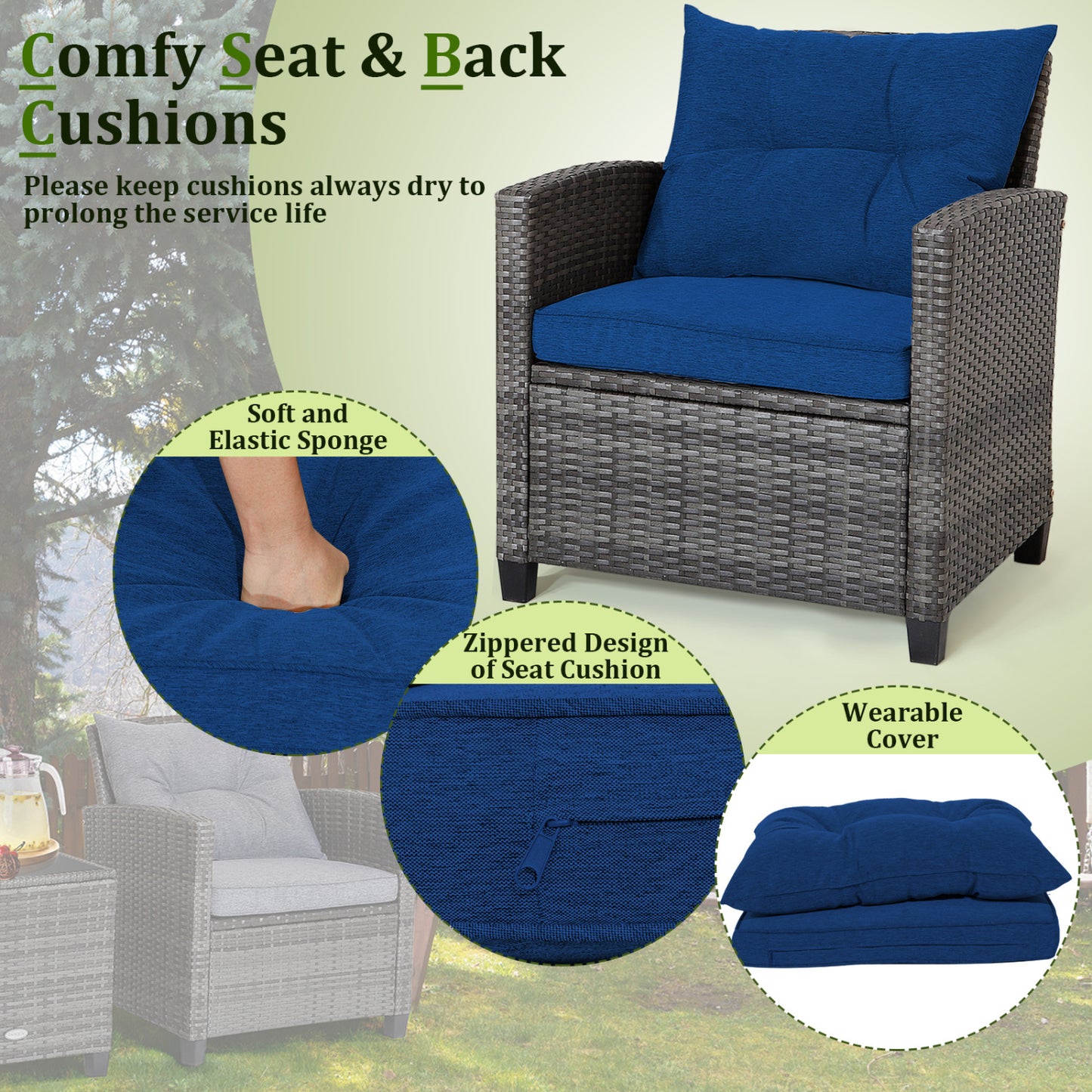 Outdoor Wicker Conversation Set, 3 Pieces, Tempered Glass Tabletop, Navy Patio Conversation Sets at Gallery Canada