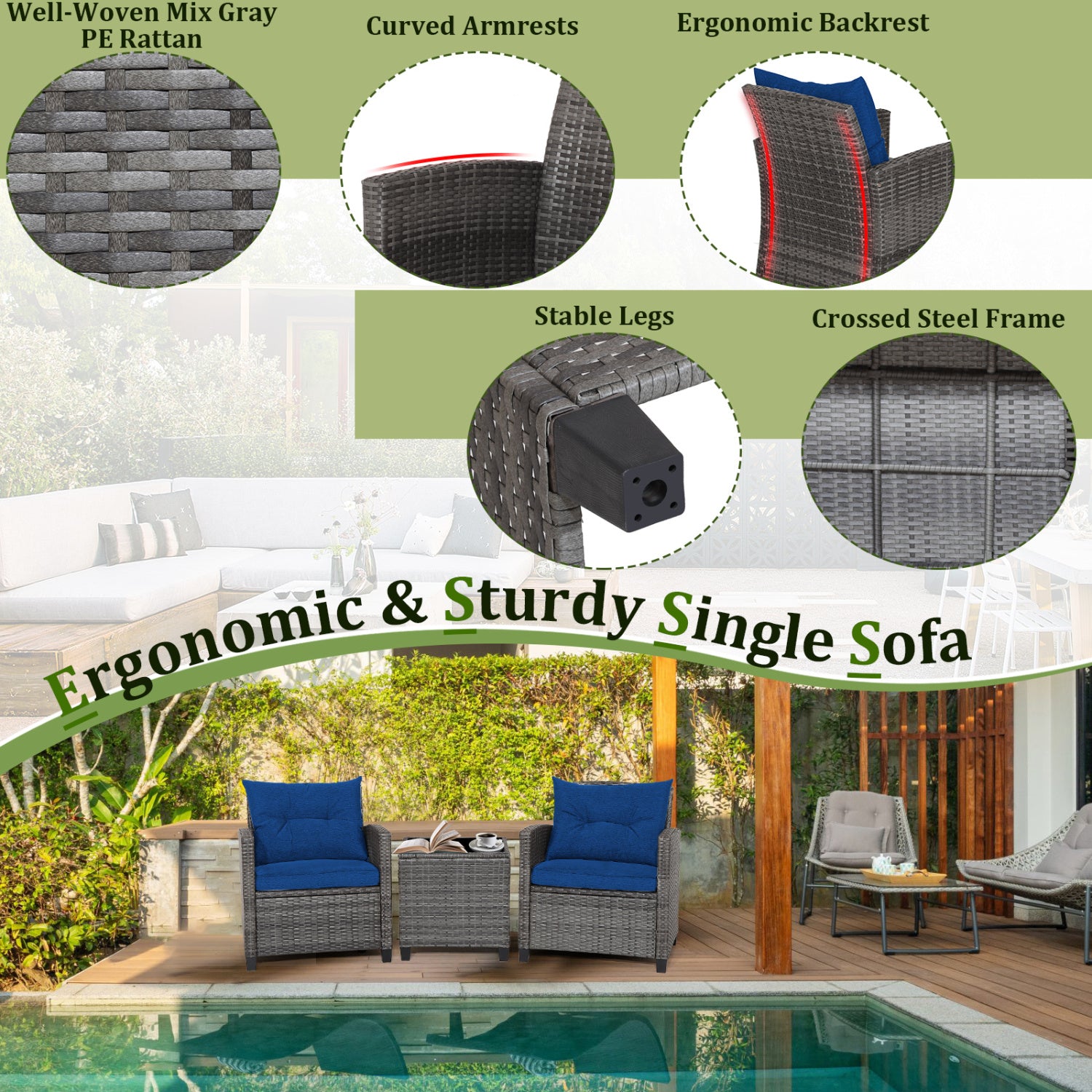 Outdoor Wicker Conversation Set, 3 Pieces, Tempered Glass Tabletop, Navy Patio Conversation Sets at Gallery Canada