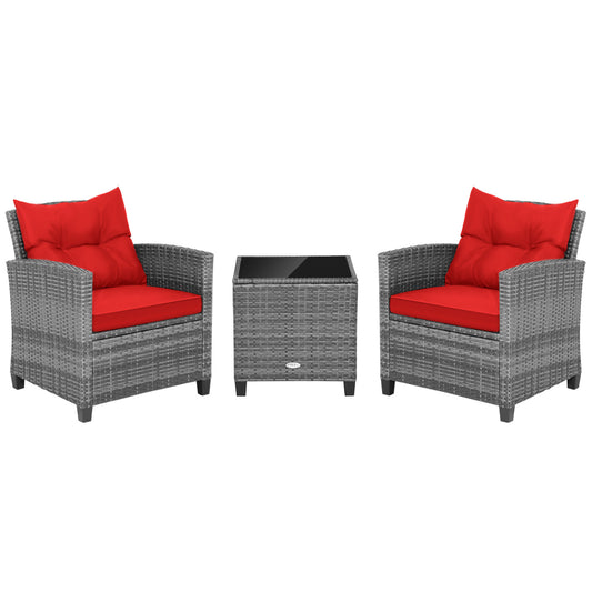 3 Piece Outdoor Wicker Conversation Set, Tempered Glass Tabletop, Red Patio Conversation Sets Red at Gallery Canada