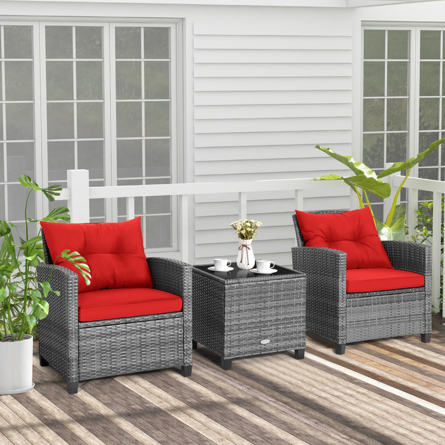3 Piece Outdoor Wicker Conversation Set, Tempered Glass Tabletop, Red Patio Conversation Sets at Gallery Canada