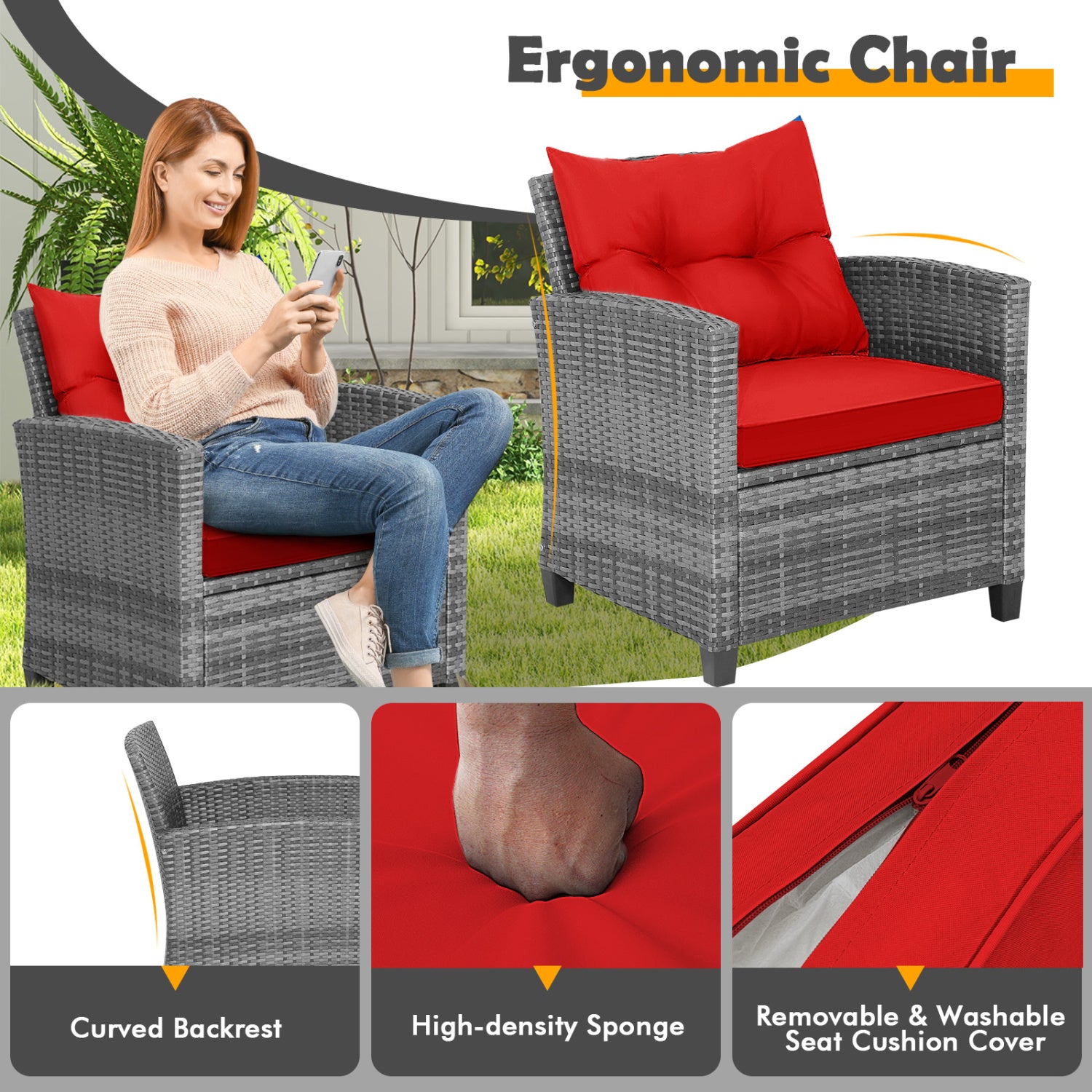 3 Piece Outdoor Wicker Conversation Set, Tempered Glass Tabletop, Red Patio Conversation Sets at Gallery Canada