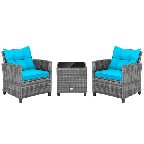 Outdoor Wicker Conversation Set, 3 Pieces, Tempered Glass Tabletop, Turquoise