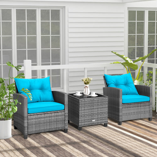 Outdoor Wicker Conversation Set, 3 Pieces, Tempered Glass Tabletop, Turquoise