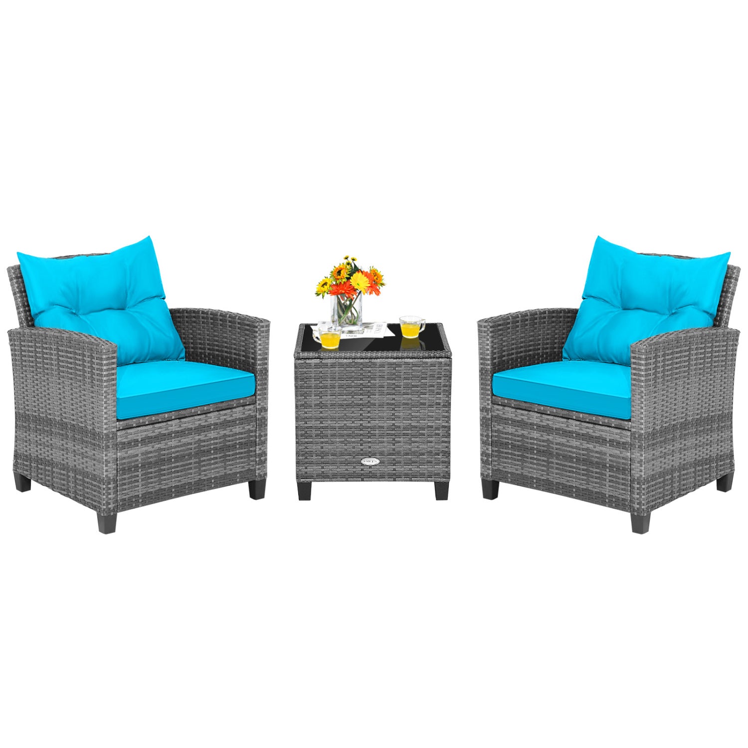 Outdoor Wicker Conversation Set, 3 Pieces, Tempered Glass Tabletop, Turquoise Patio Conversation Sets at Gallery Canada