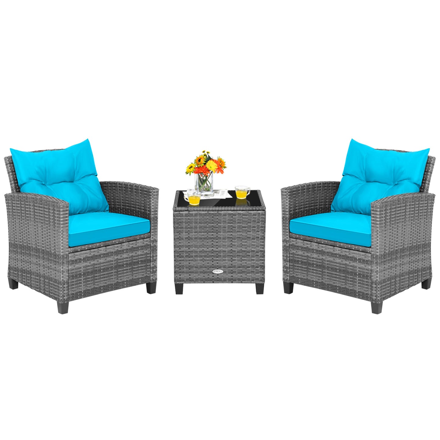 Outdoor Wicker Conversation Set, 3 Pieces, Tempered Glass Tabletop, Turquoise Patio Conversation Sets at Gallery Canada