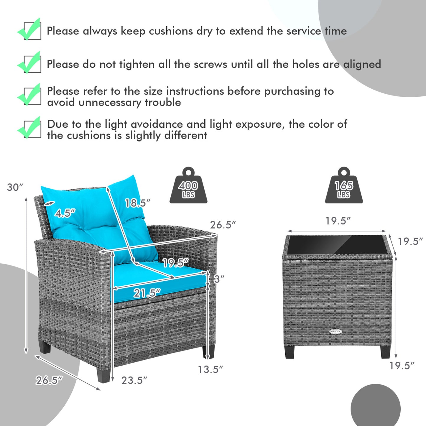 Outdoor Wicker Conversation Set, 3 Pieces, Tempered Glass Tabletop, Turquoise Patio Conversation Sets at Gallery Canada