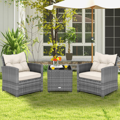 3 Piece Outdoor Wicker Conversation Set, Tempered Glass Tabletop, White