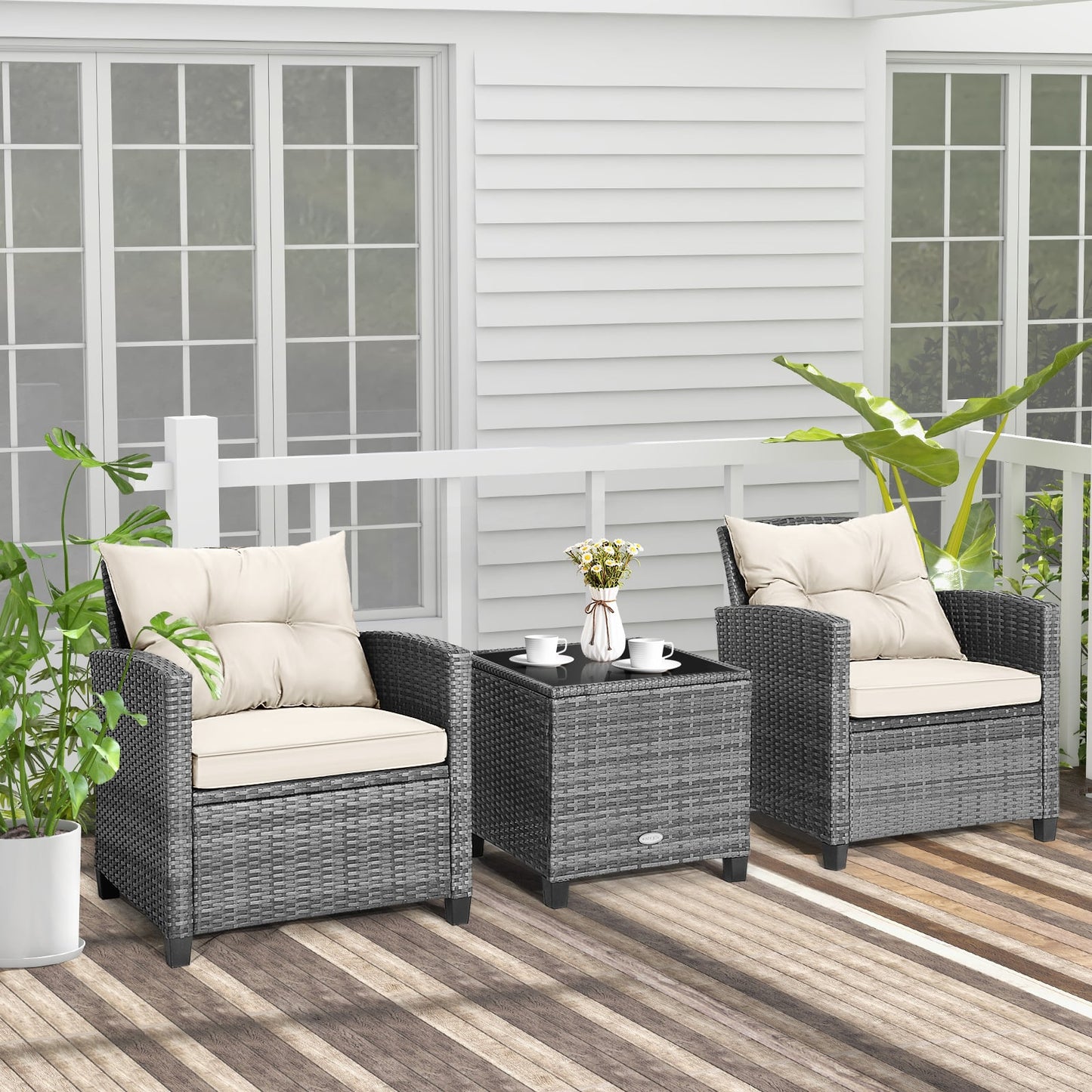 3 Piece Outdoor Wicker Conversation Set, Tempered Glass Tabletop, White Patio Conversation Sets at Gallery Canada