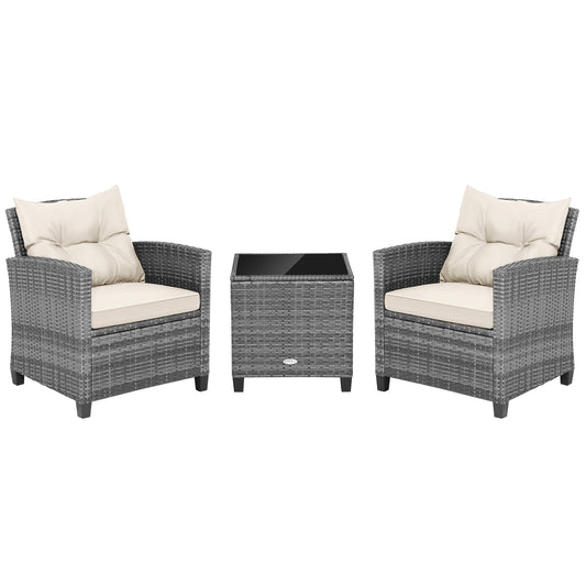 3 Piece Outdoor Wicker Conversation Set, Tempered Glass Tabletop, White Patio Conversation Sets White at Gallery Canada