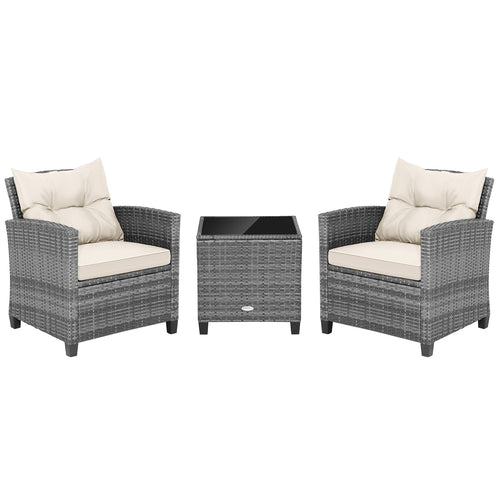 3 Piece Outdoor Wicker Conversation Set, Tempered Glass Tabletop, White