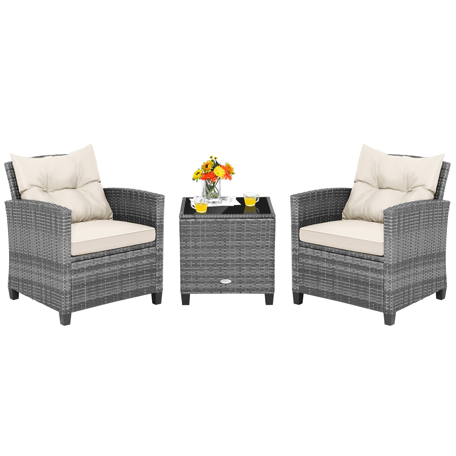 3 Piece Outdoor Wicker Conversation Set, Tempered Glass Tabletop, White Patio Conversation Sets at Gallery Canada