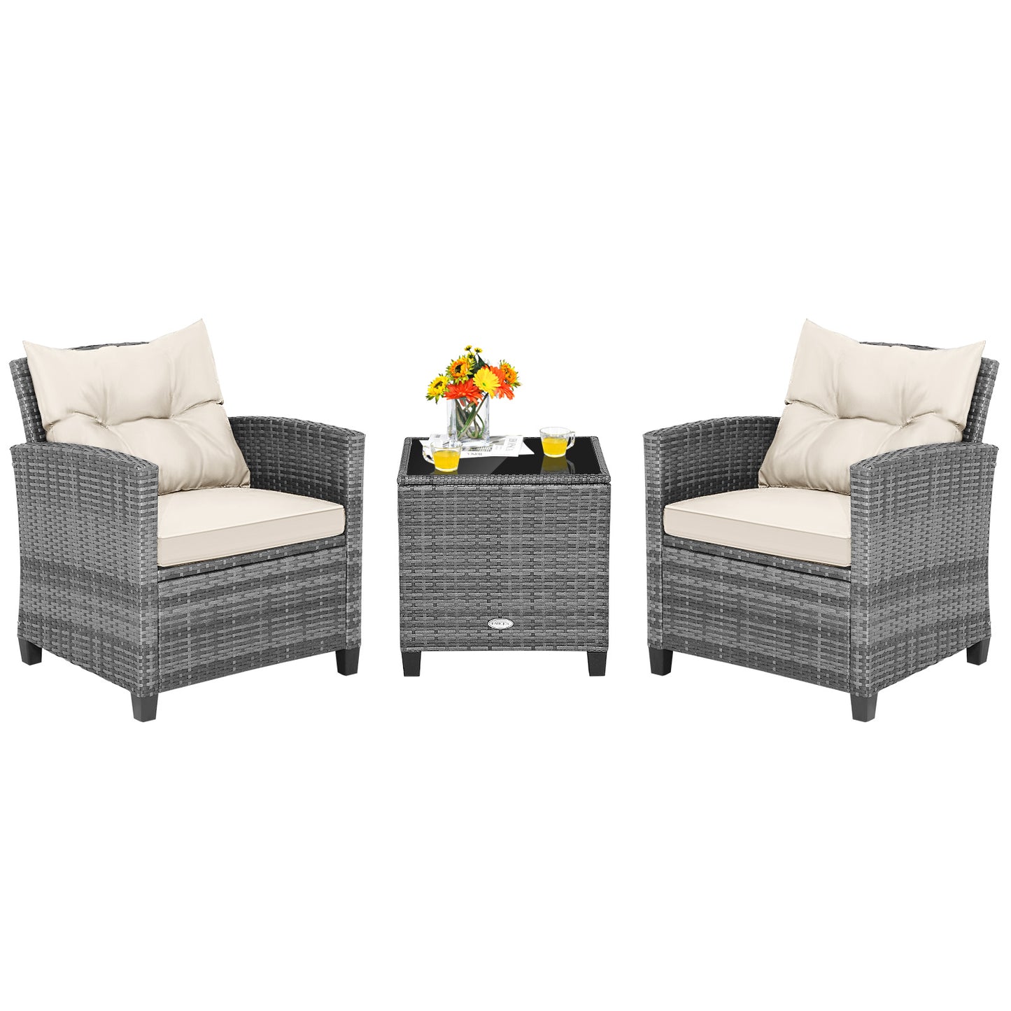3 Piece Outdoor Wicker Conversation Set, Tempered Glass Tabletop, White Patio Conversation Sets at Gallery Canada