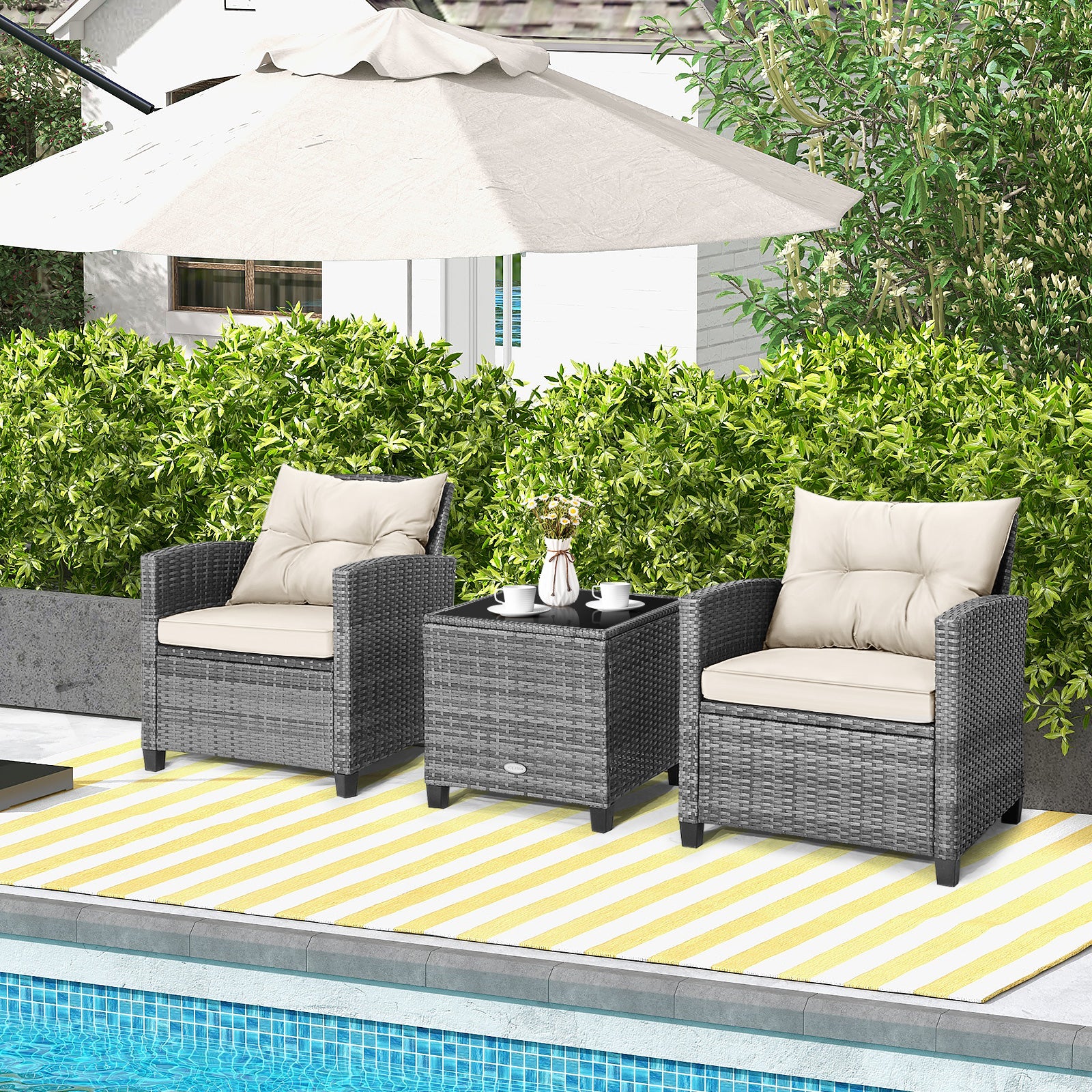 3 Piece Outdoor Wicker Conversation Set, Tempered Glass Tabletop, White Patio Conversation Sets at Gallery Canada