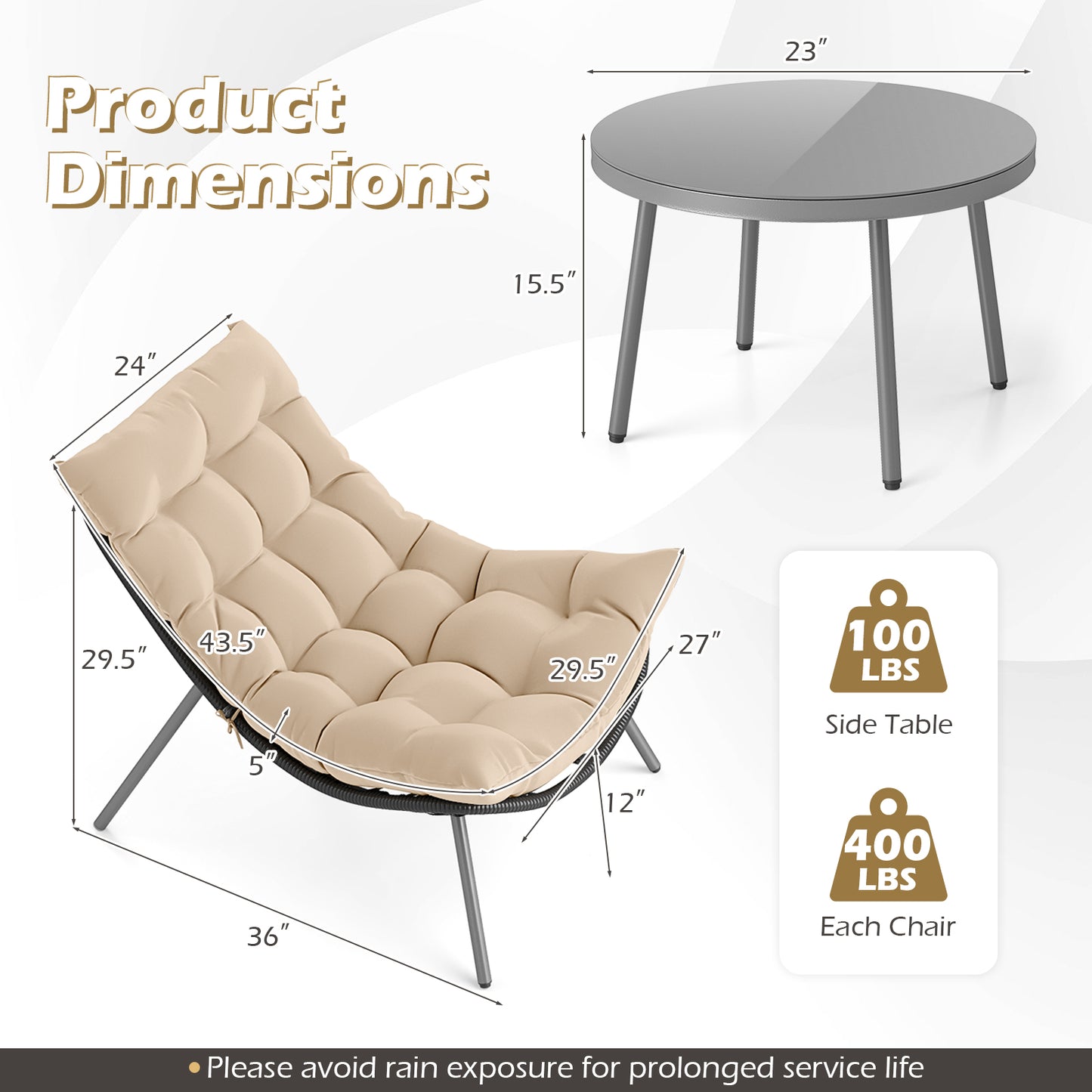 3 Pieces PE Rattan Conversation Set with Cushioned Papasan Chairs, Beige Patio Conversation Sets at Gallery Canada