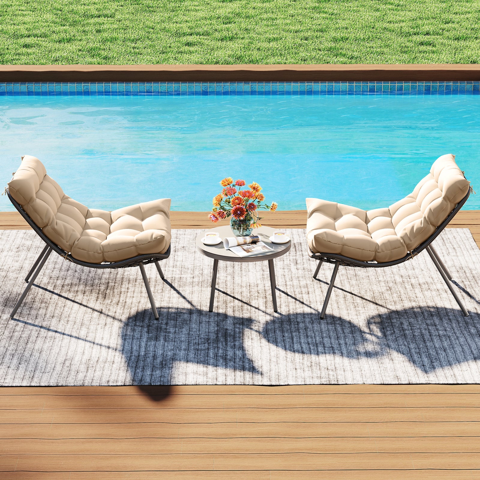 3 Pieces PE Rattan Conversation Set with Cushioned Papasan Chairs, Beige Patio Conversation Sets at Gallery Canada