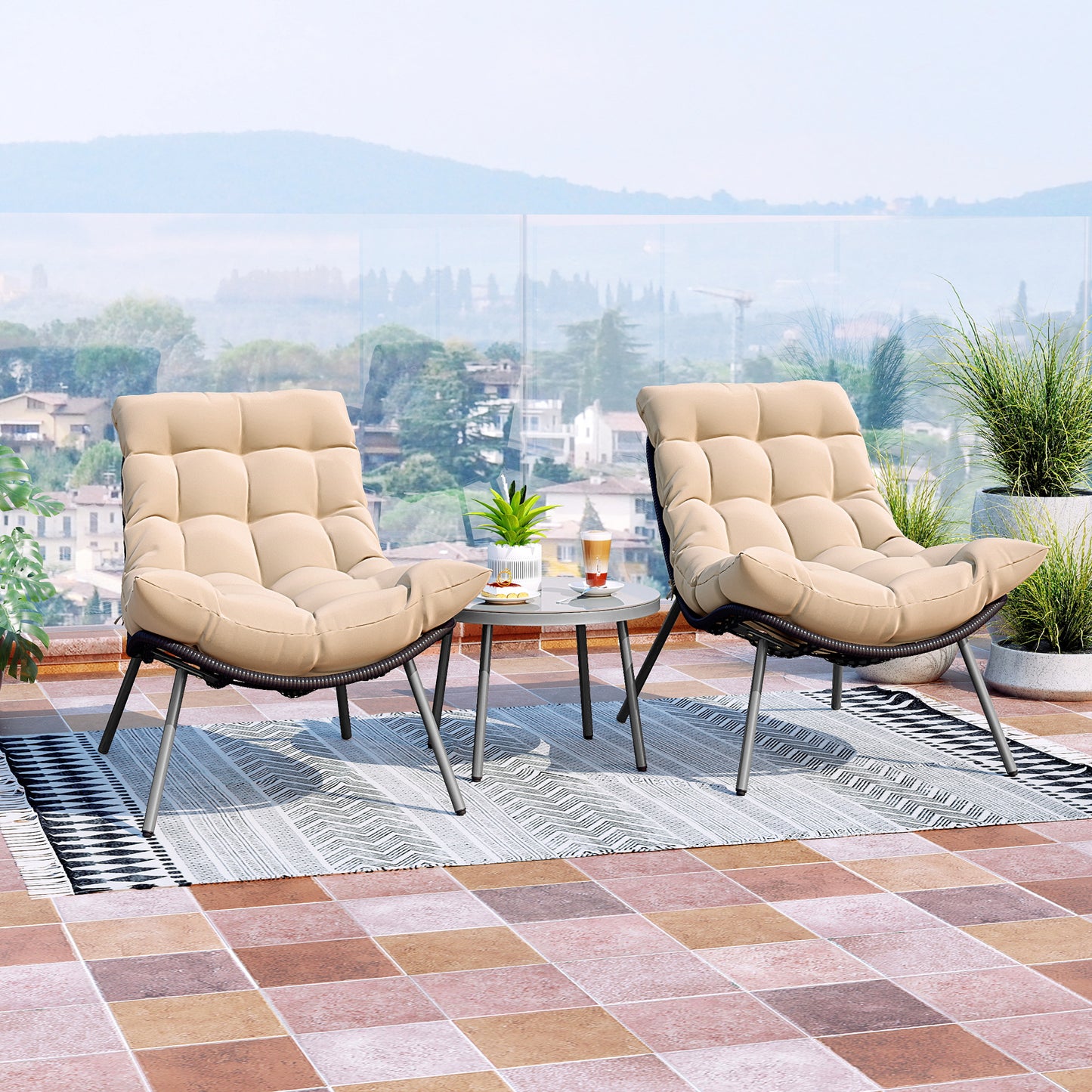 3 Pieces PE Rattan Conversation Set with Cushioned Papasan Chairs, Beige Patio Conversation Sets at Gallery Canada