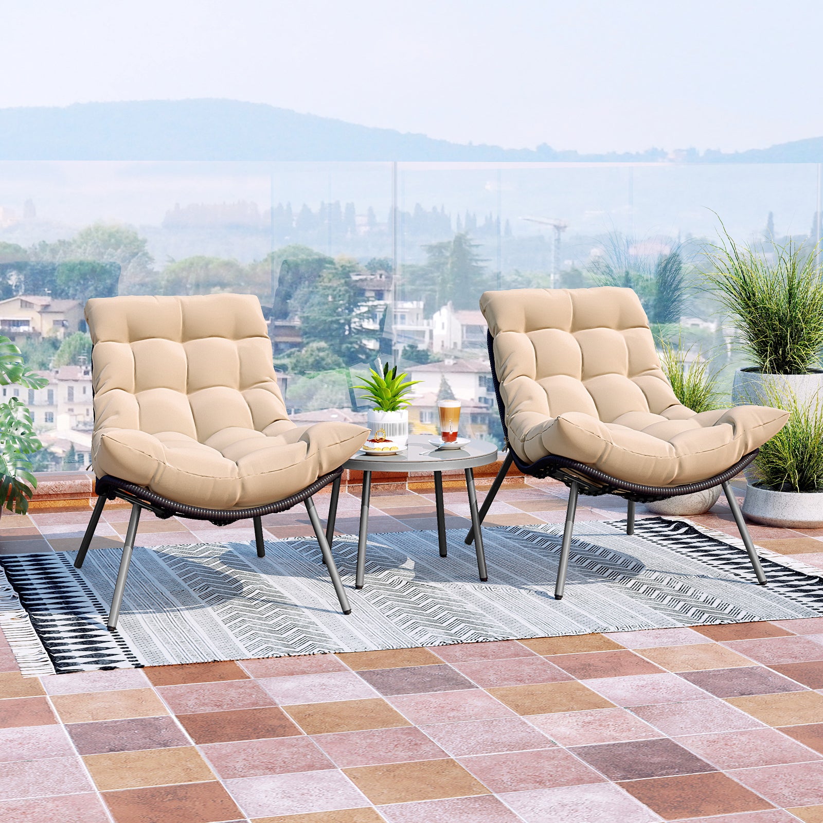 3 Pieces PE Rattan Conversation Set with Cushioned Papasan Chairs, Beige Patio Conversation Sets at Gallery Canada