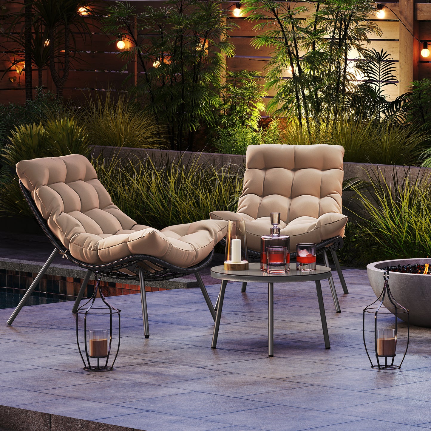 3 Pieces PE Rattan Conversation Set with Cushioned Papasan Chairs, Beige Patio Conversation Sets at Gallery Canada