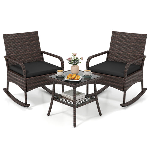 3-Piece PE Wicker Rocking Bistro Set, 2-Tier Table, Black