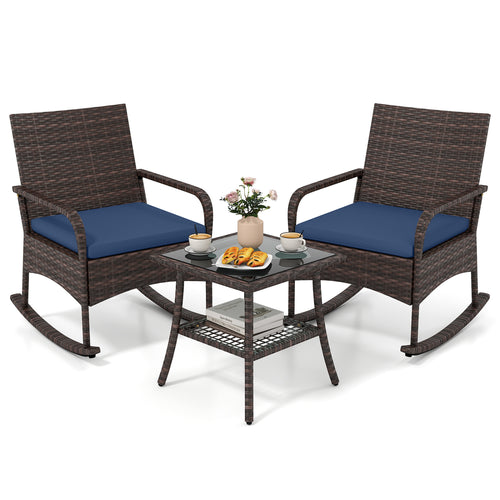 3-Piece PE Wicker Rocking Bistro Set, Navy