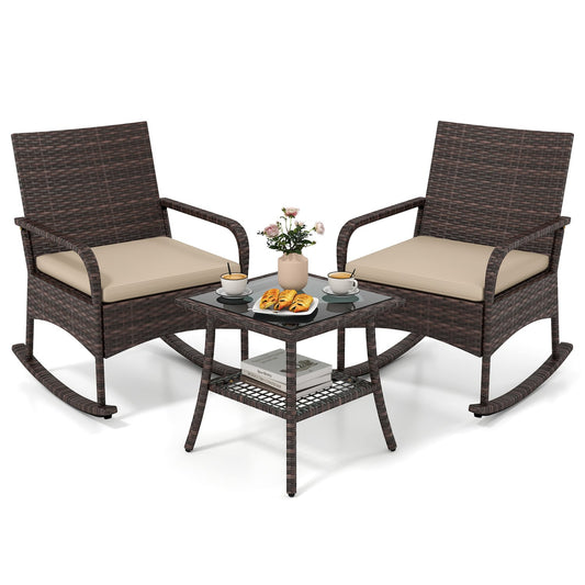 3-Piece PE Wicker Rocking Bistro Set with Cushions, Brown Patio Conversation Sets Brown at Gallery Canada