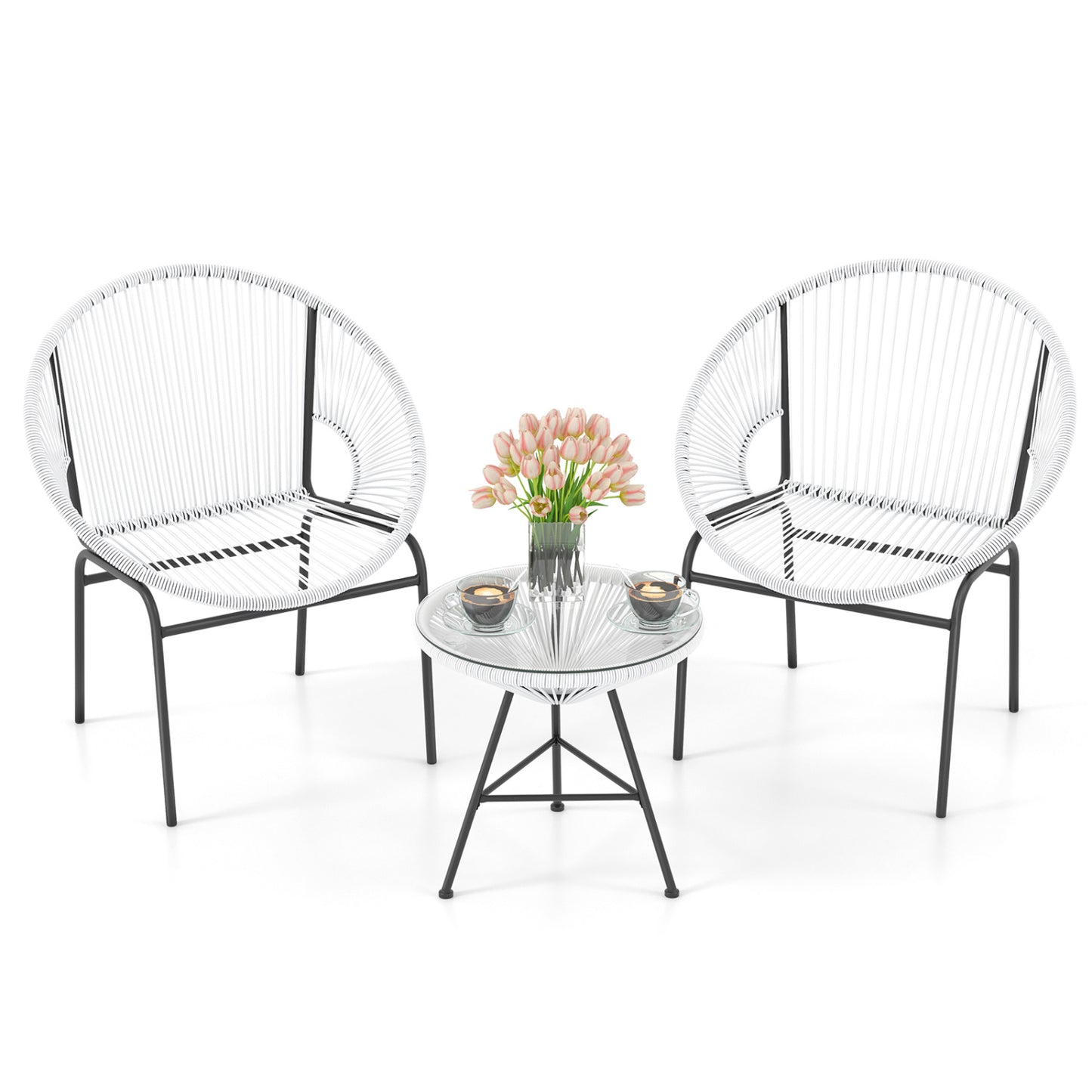 Ensemble de bistro Acapulco 3 pièces pour terrasse, table en verre, blanc