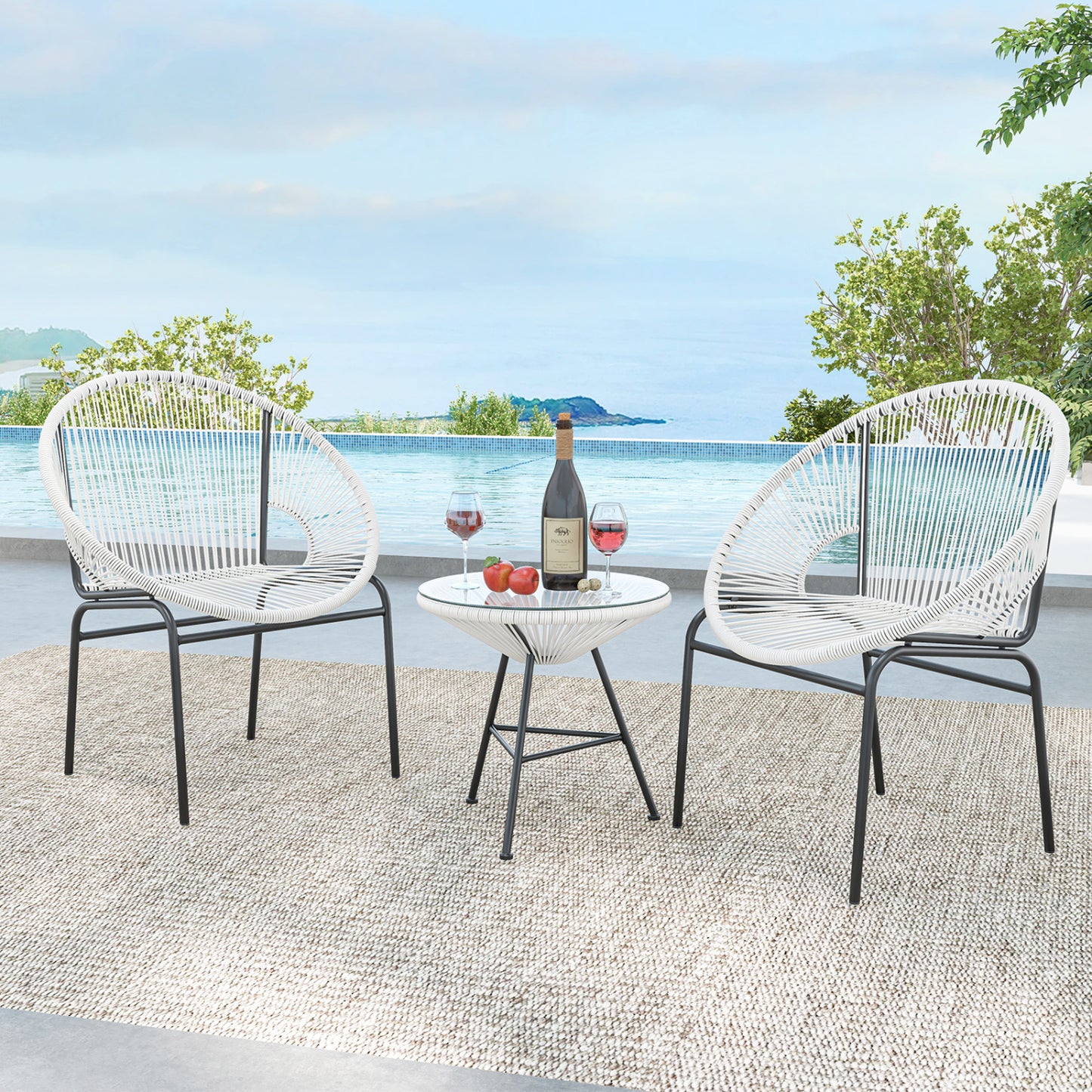 Ensemble de bistro Acapulco 3 pièces pour terrasse, table en verre, blanc
