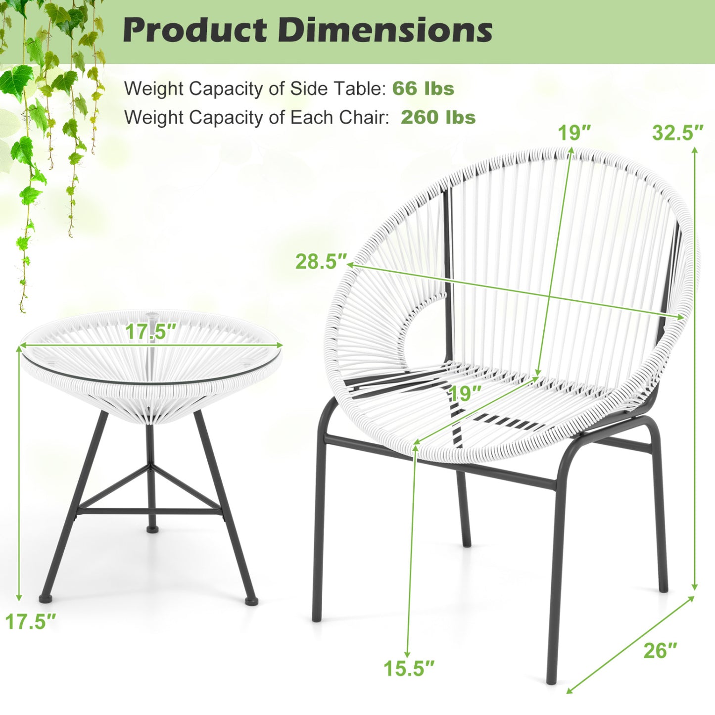 Ensemble de bistro Acapulco 3 pièces pour terrasse, table en verre, blanc