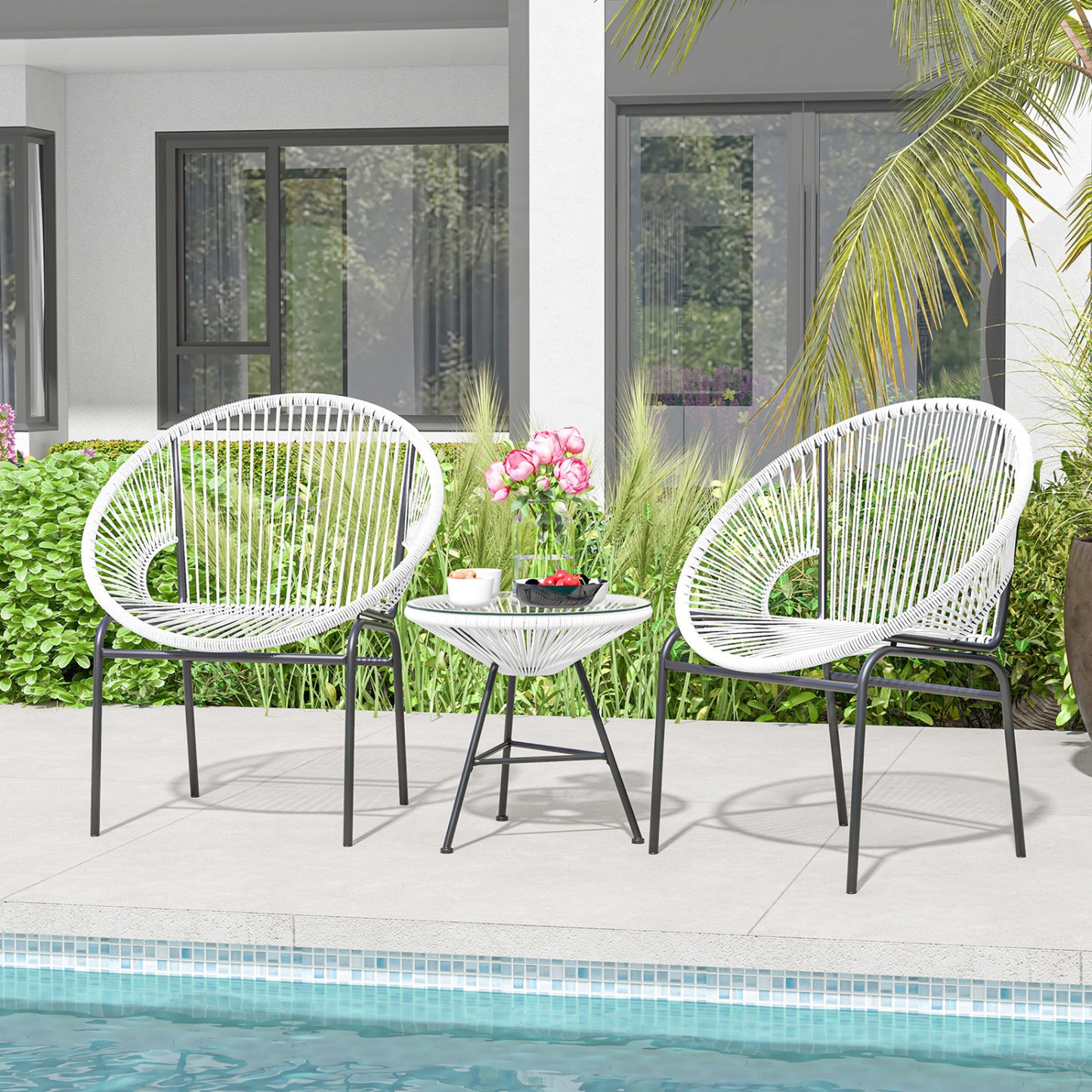 Ensemble de bistro Acapulco 3 pièces pour terrasse, table en verre, blanc