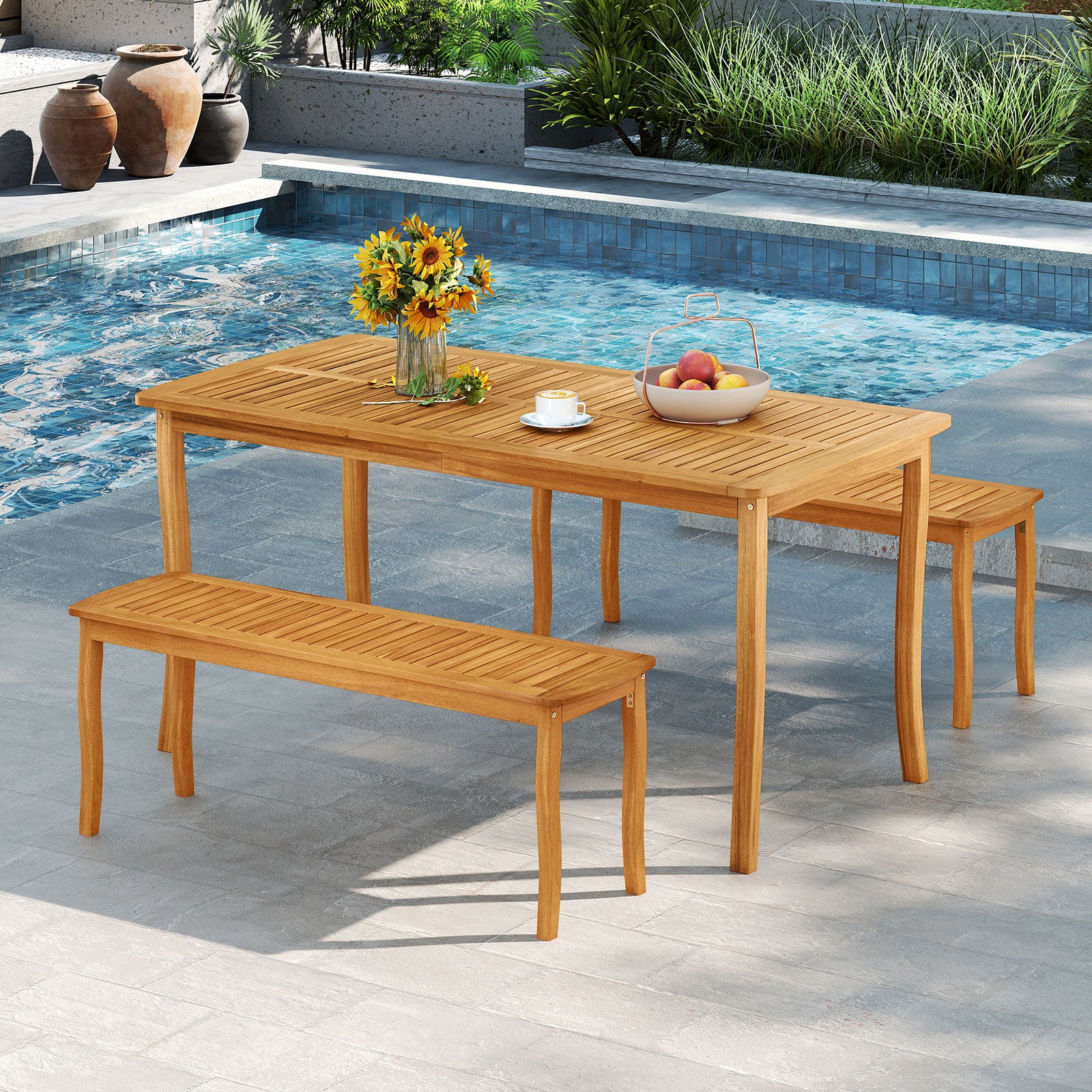 3 Pieces Patio Dining Set with Acacia Wood Outdoor Table and Benches Patio Dining Sets at Gallery Canada