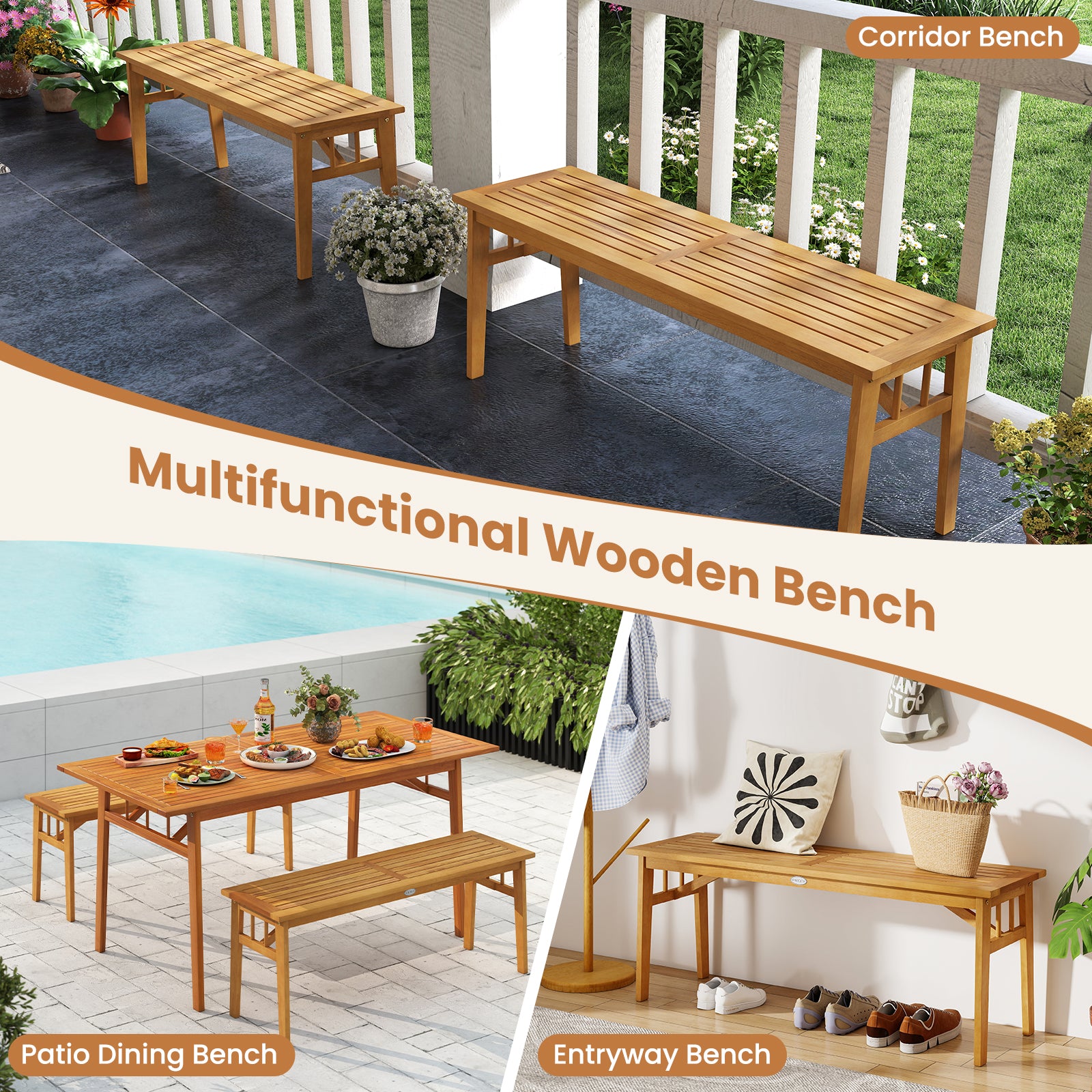 3 Pieces Patio Dining Set Acacia Wood Outdoor Rectangular Picnic Table and 2 Benches Patio Dining Sets at Gallery Canada