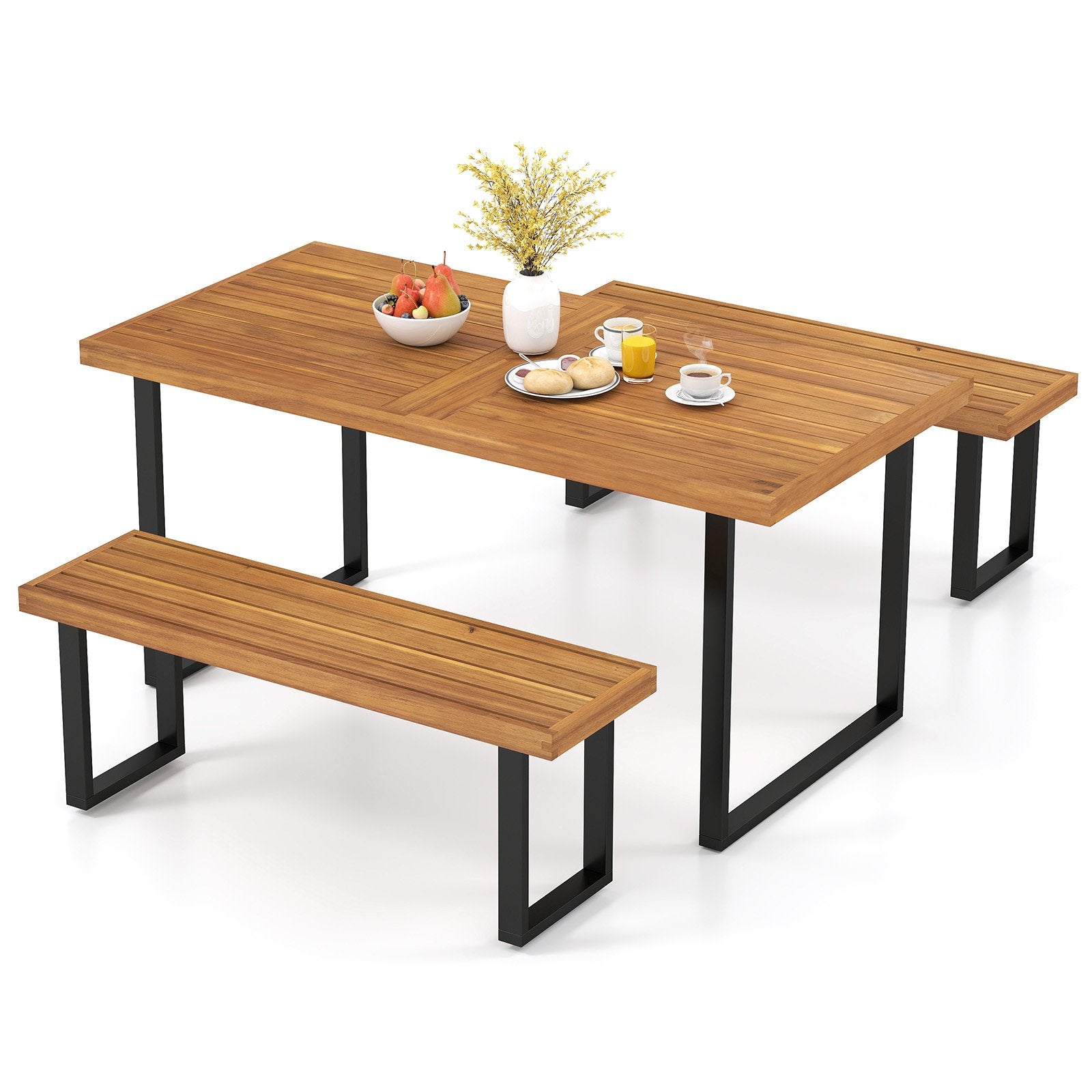 3 Pieces Patio Dining Table Set 63” Rectangle Table and 2 Backless Bench Patio Dining Sets at Gallery Canada