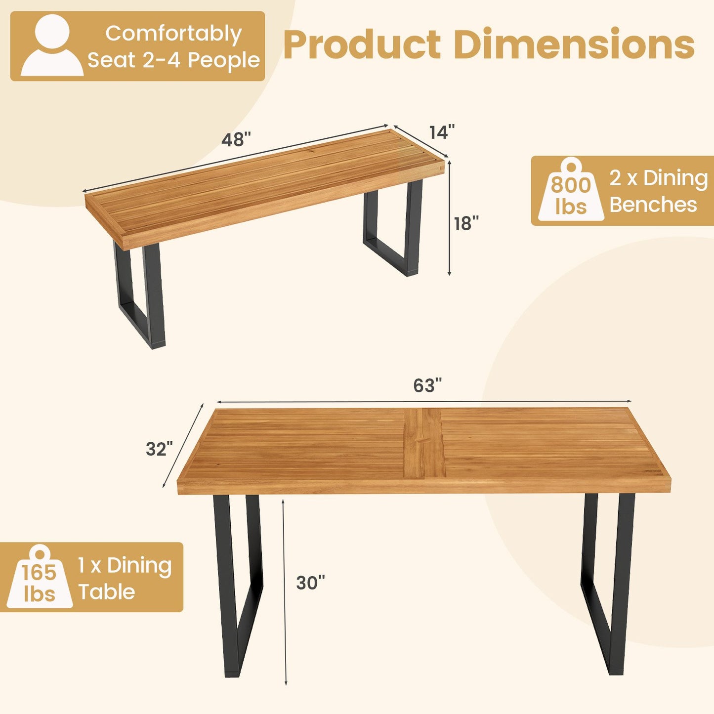 3 Pieces Patio Dining Table Set 63” Rectangle Table and 2 Backless Bench Patio Dining Sets at Gallery Canada