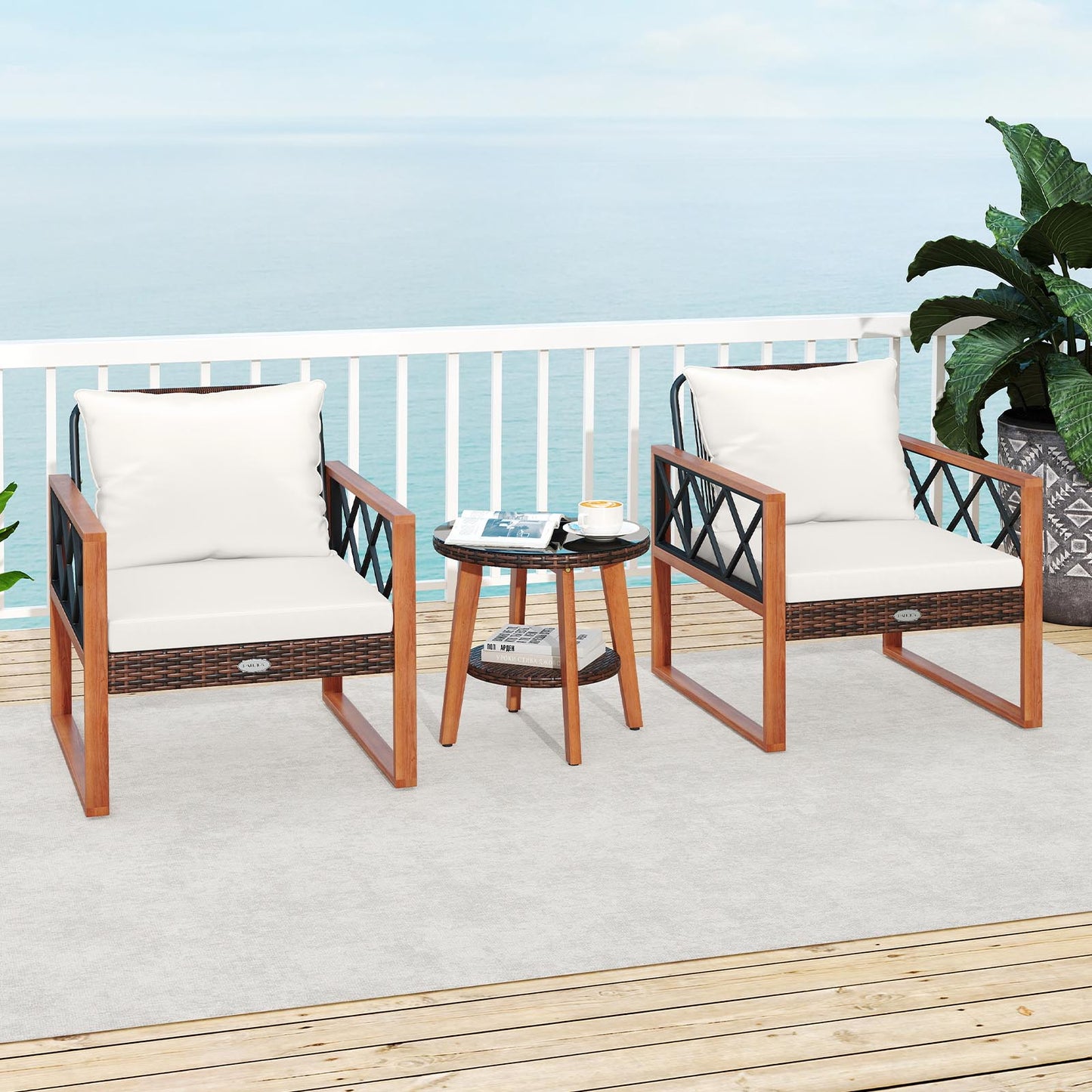 3 Pieces Patio Furniture Set with Tempered Glass Top Table and Soft Cushions, Off White Patio Conversation Sets at Gallery Canada