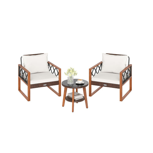 3 Pieces Patio Furniture Set with Tempered Glass Top Table and Soft Cushions, Off White