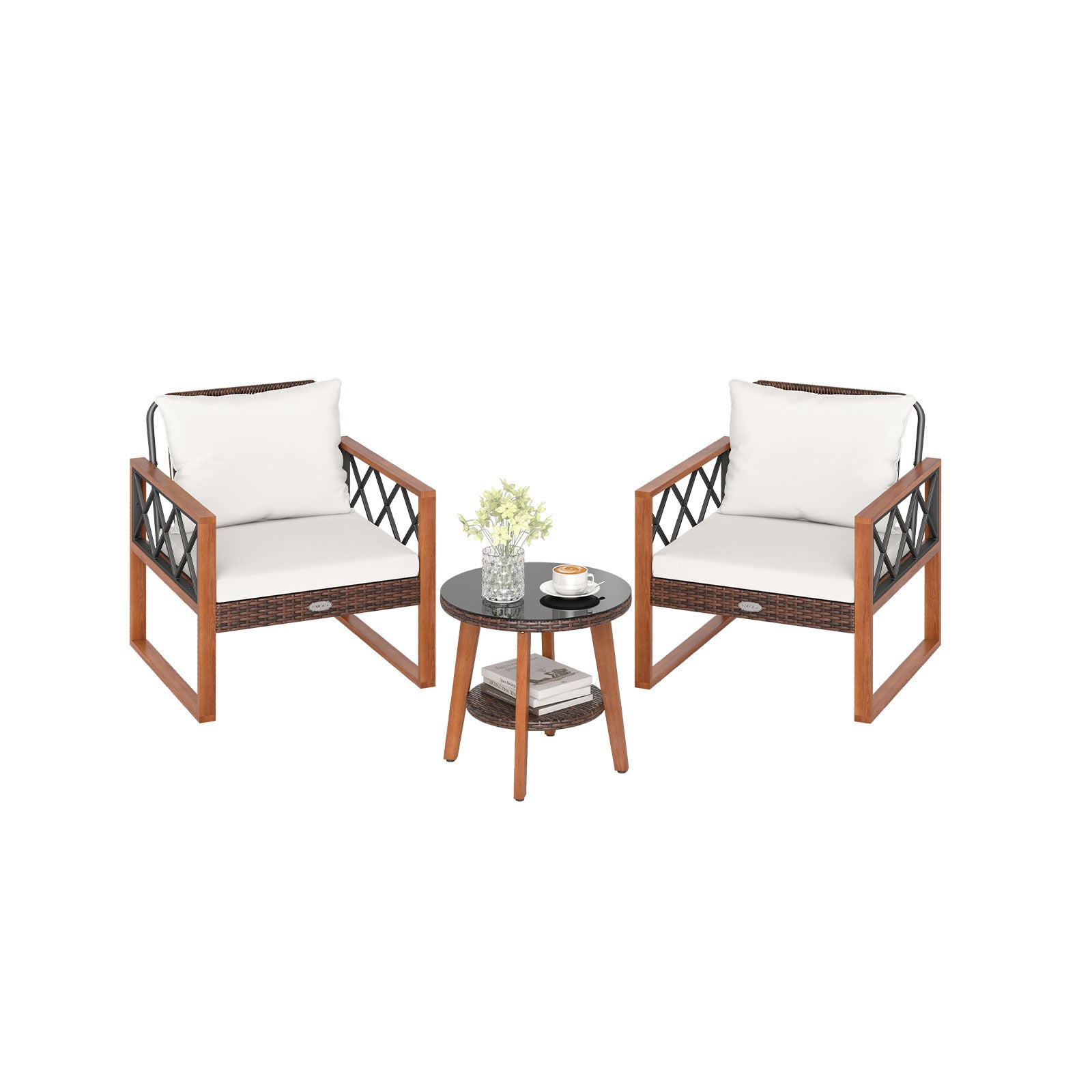 3 Pieces Patio Furniture Set with Tempered Glass Top Table and Soft Cushions, Off White Patio Conversation Sets at Gallery Canada