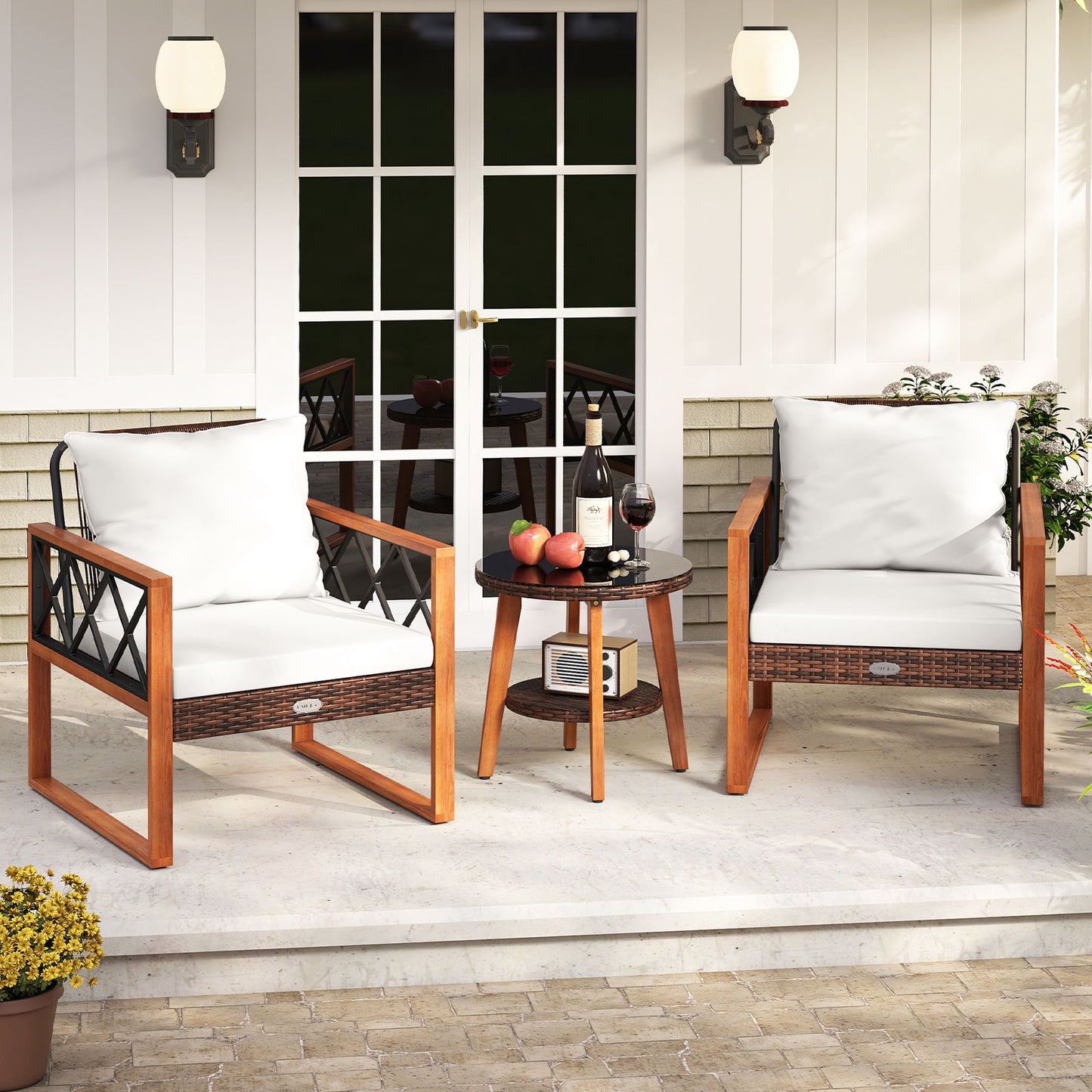 3 Pieces Patio Furniture Set with Tempered Glass Top Table and Soft Cushions, Off White Patio Conversation Sets at Gallery Canada