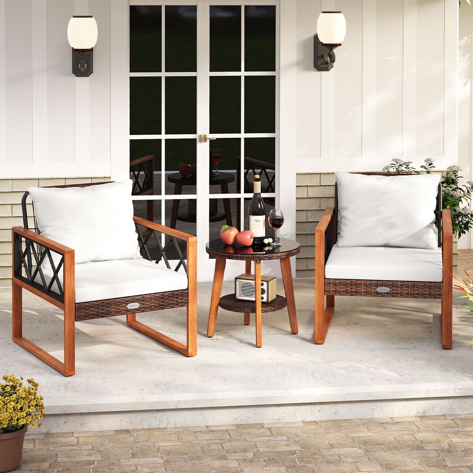 3 Pieces Patio Furniture Set with Tempered Glass Top Table and Soft Cushions, Off White Patio Conversation Sets at Gallery Canada