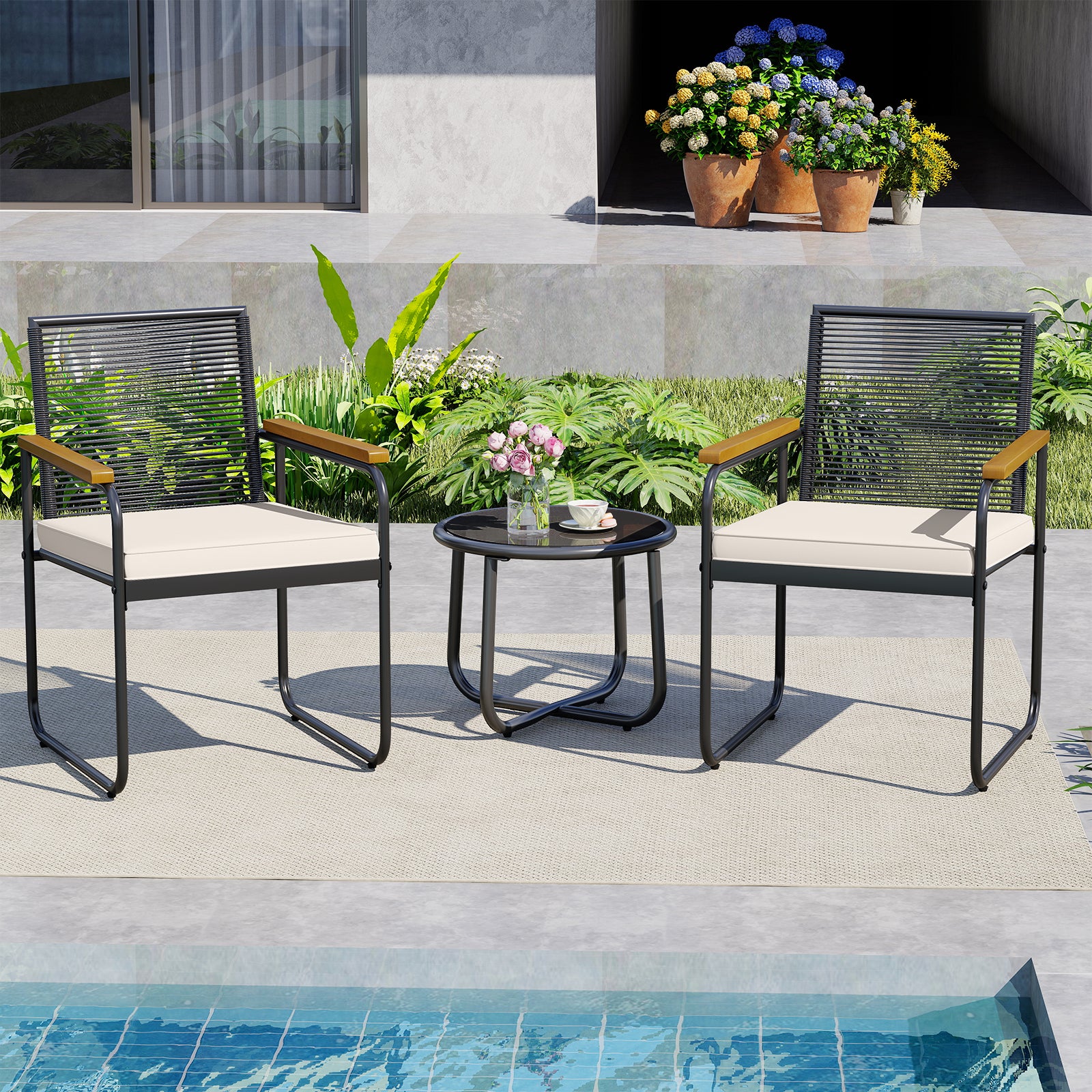 3 Pieces Patio Furniture Set PE Rattan Porch Chairs with Round Tempered Glass Top Table, White Patio Conversation Sets at Gallery Canada