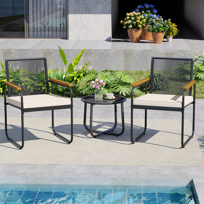 3 Pieces Patio Furniture Set PE Rattan Porch Chairs with Round Tempered Glass Top Table, White Patio Conversation Sets at Gallery Canada