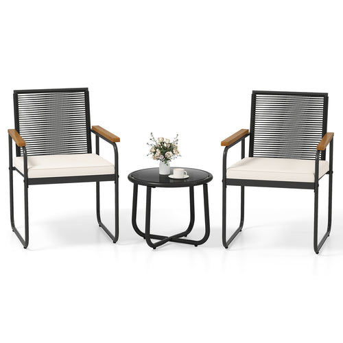 3 Pieces Patio Furniture Set PE Rattan Porch Chairs with Round Tempered Glass Top Table, White