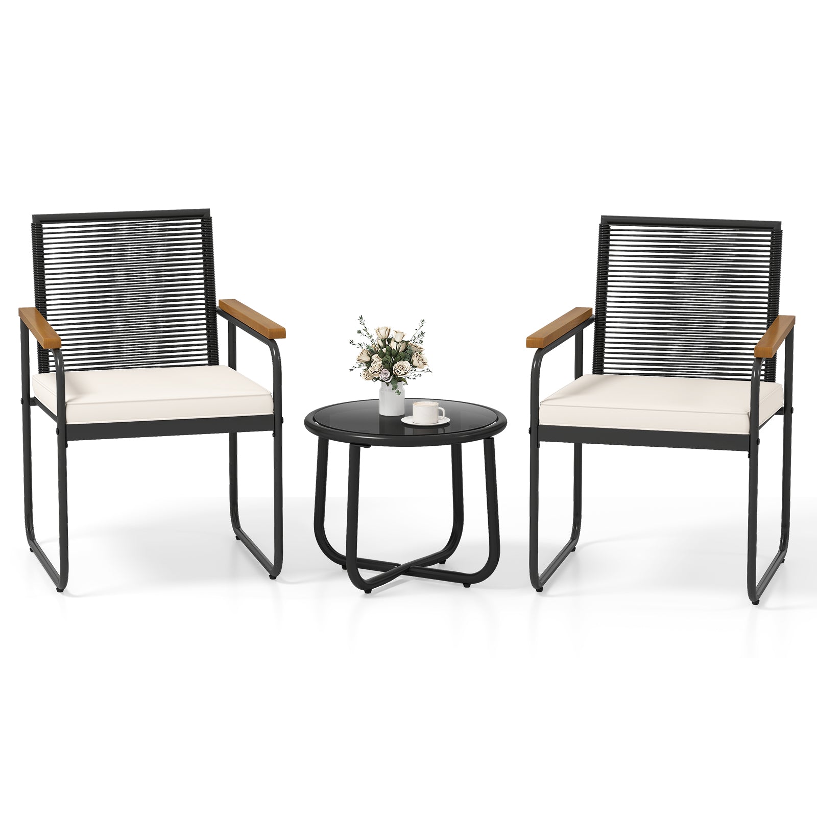 3 Piece Patio Furniture Set, PE Rattan Chairs, Round Glass Table, White Patio Conversation Sets at Gallery Canada