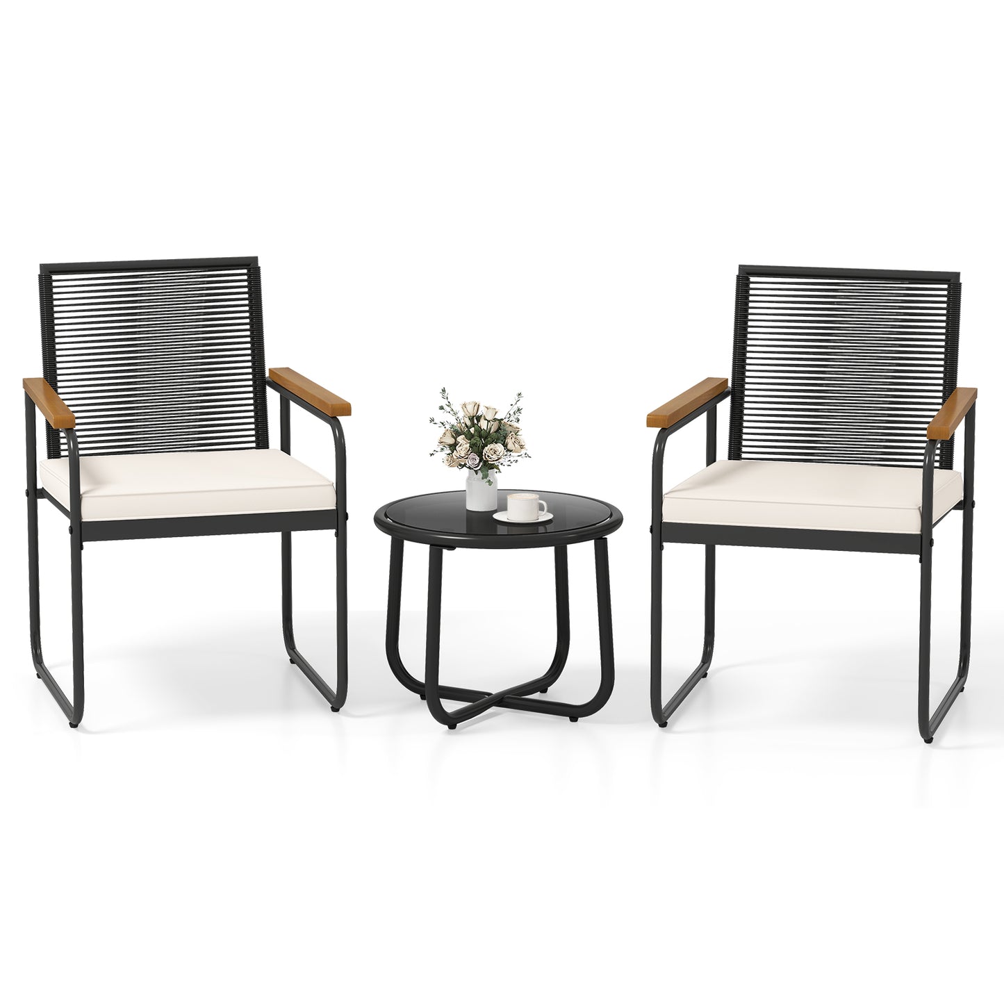 3 Pieces Patio Furniture Set PE Rattan Porch Chairs with Round Tempered Glass Top Table, White Patio Conversation Sets at Gallery Canada