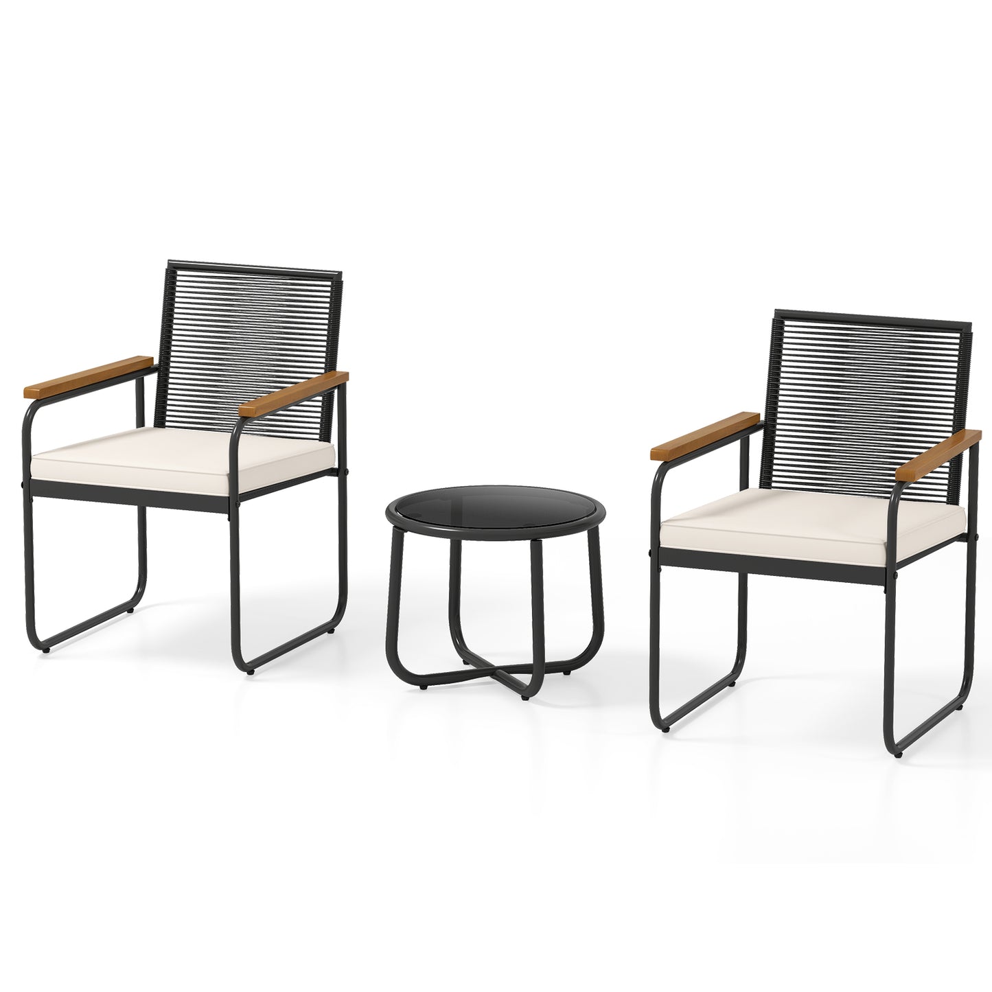 3 Pieces Patio Furniture Set PE Rattan Porch Chairs with Round Tempered Glass Top Table, White Patio Conversation Sets at Gallery Canada